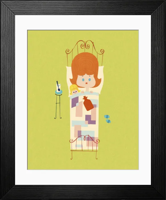 Framed Print : Girl Laying in Bed with Her Doll Framed Print : Girl Laying in Bed with Her Doll