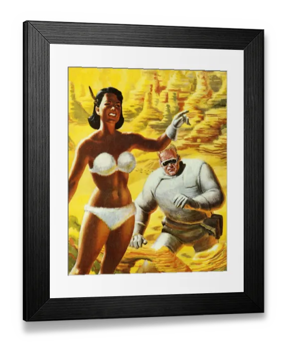 Framed Print : Woman in Bikini Leading Spaceman Framed Print : Woman in Bikini Leading Spaceman