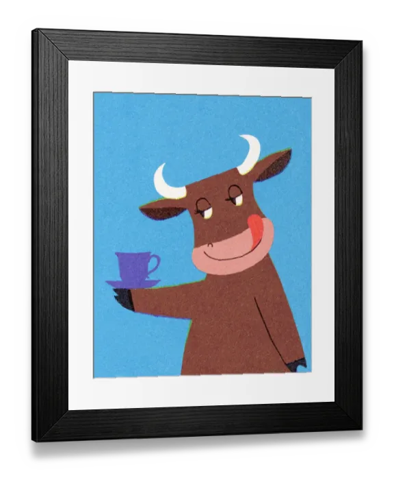 Framed Print : Cow Holding a Coffee Cup Framed Print : Cow Holding a Coffee Cup