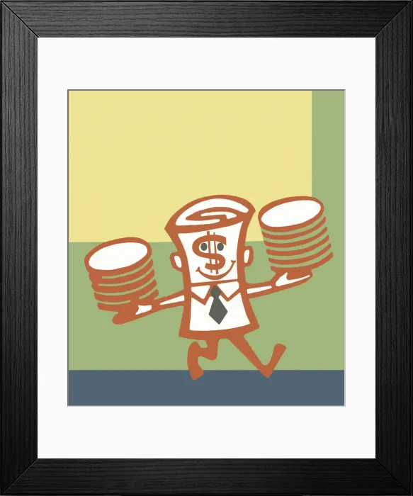 Framed Print : Dollar Bill Character Holding Coins Framed Print : Dollar Bill Character Holding Coins