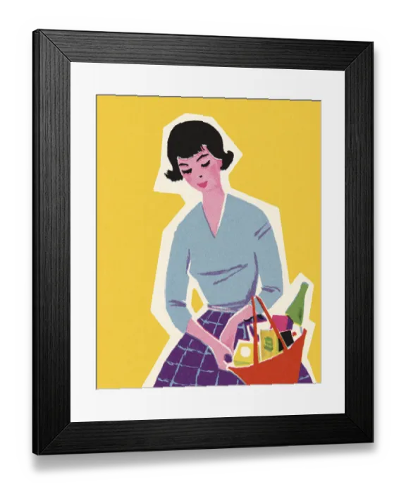 Framed Print : Woman Carrying a Basket Full of Products Framed Print : Woman Carrying a Basket Full of Products