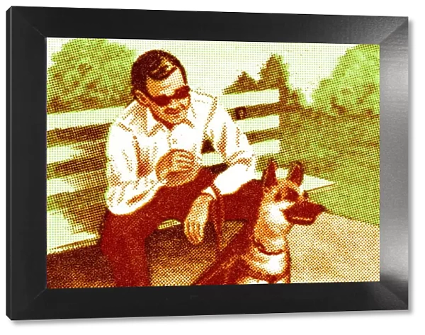 Man on bench with dog and kids