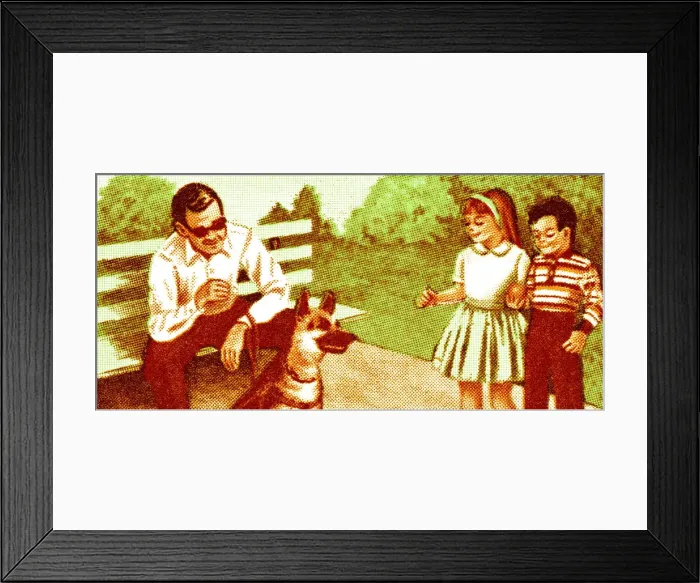 Framed Print : Man on bench with dog and kids Framed Print : Man on bench with dog and kids