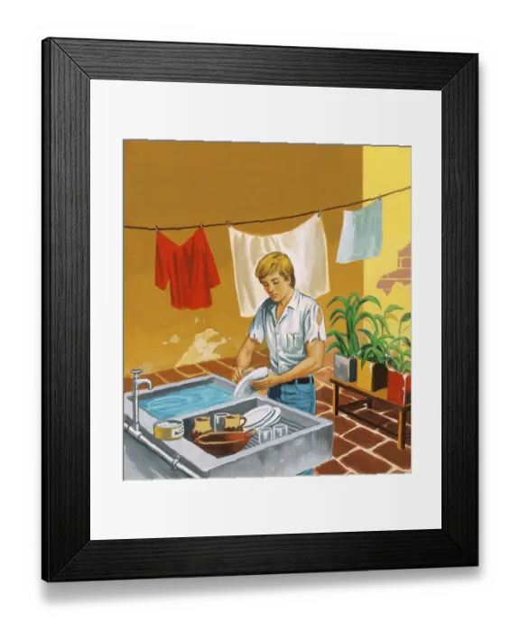 Framed Print : Man Washing Dishes