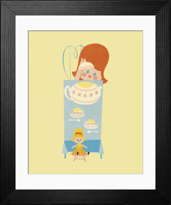 Framed Print : Girl Having a Tea Party with Her Doll Framed Print : Girl Having a Tea Party with Her Doll