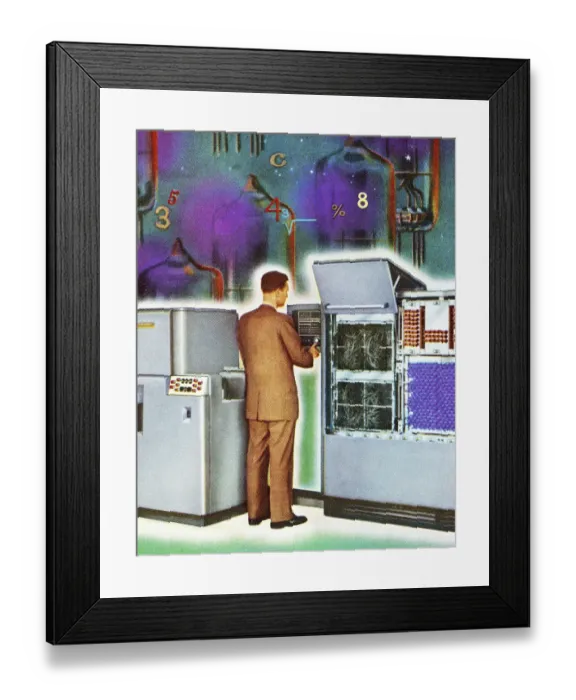 Framed Print : Man Working at Vintage Computer Framed Print : Man Working at Vintage Computer