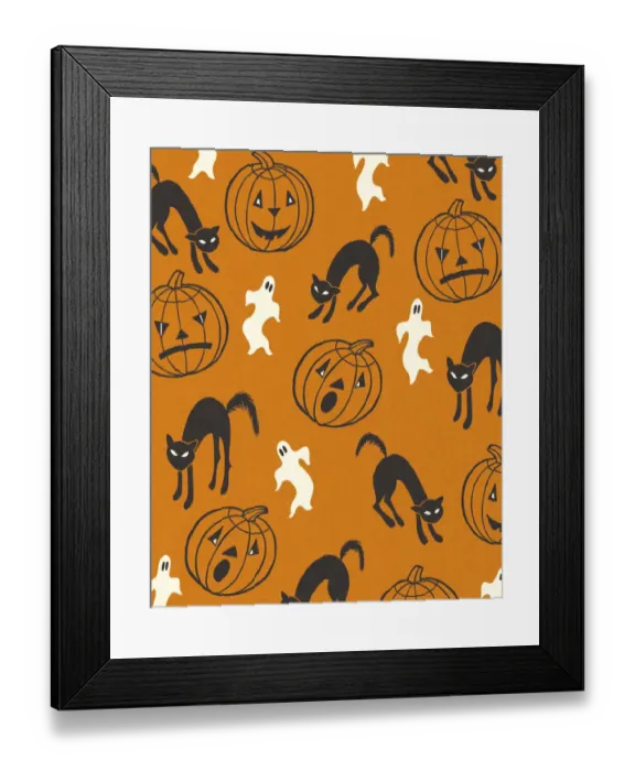 Framed Print : Halloween Pattern of Pumpkins Cats Ghosts Framed Print : Halloween Pattern of Pumpkins Cats Ghosts