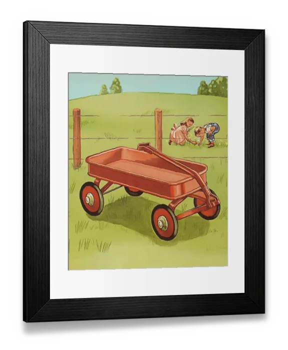 Framed Print : Red Wagon and Children Picking Flowers Framed Print : Red Wagon and Children Picking Flowers