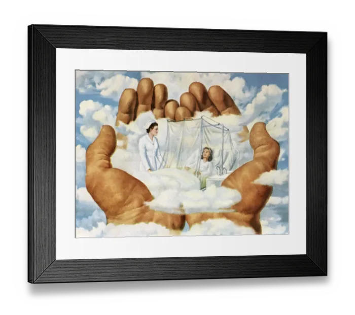 Framed Print : Large Hands Holding a Nurse and Patient with Care