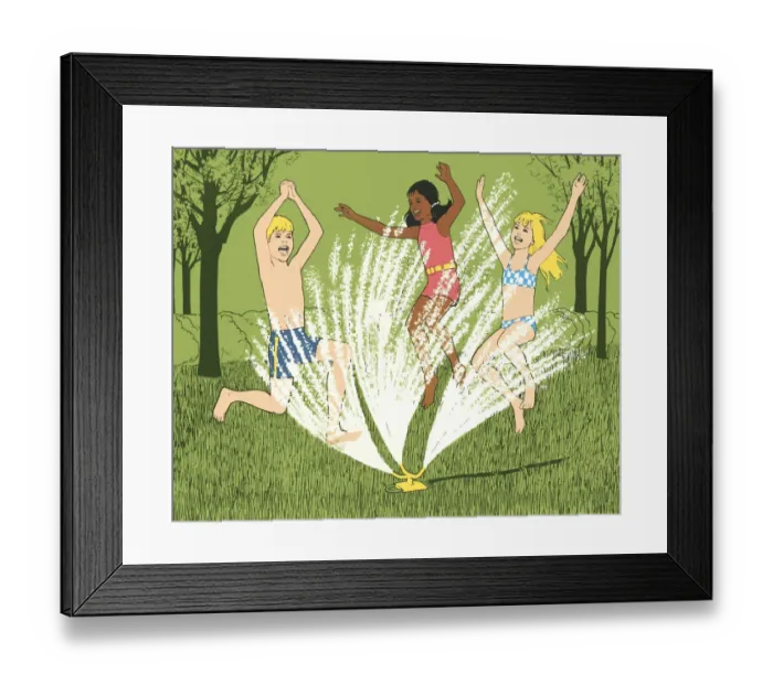 Framed Print : Children Running Through a Sprinkler Framed Print : Children Running Through a Sprinkler