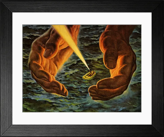 Framed Print : Hands Around Man in Lifeboat Framed Print : Hands Around Man in Lifeboat
