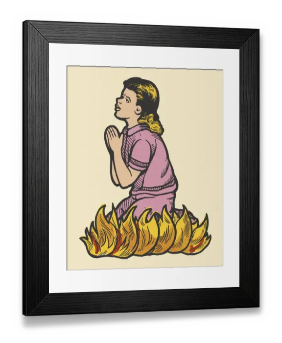 Framed Print : Praying Girl Kneeling in Flames Framed Print : Praying Girl Kneeling in Flames