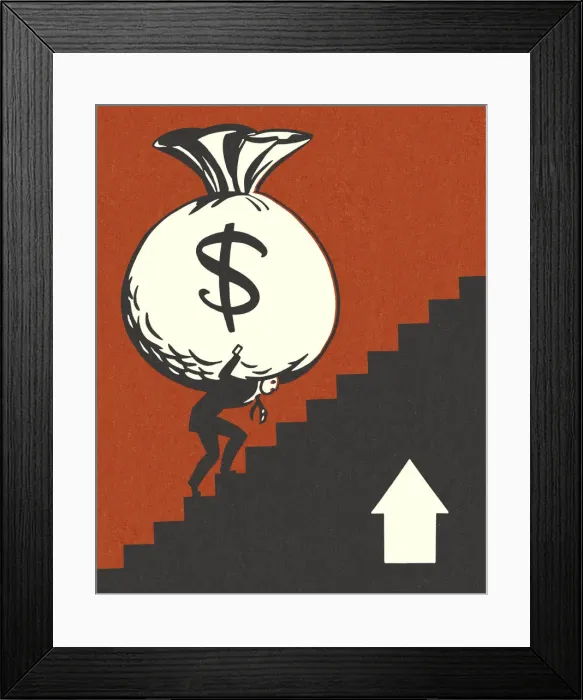 Framed Print : Man Carrying a Huge Money Bag Up Stairs Framed Print : Man Carrying a Huge Money Bag Up Stairs