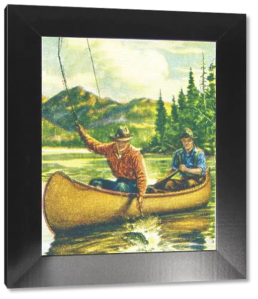 Two men fishing in a canoe