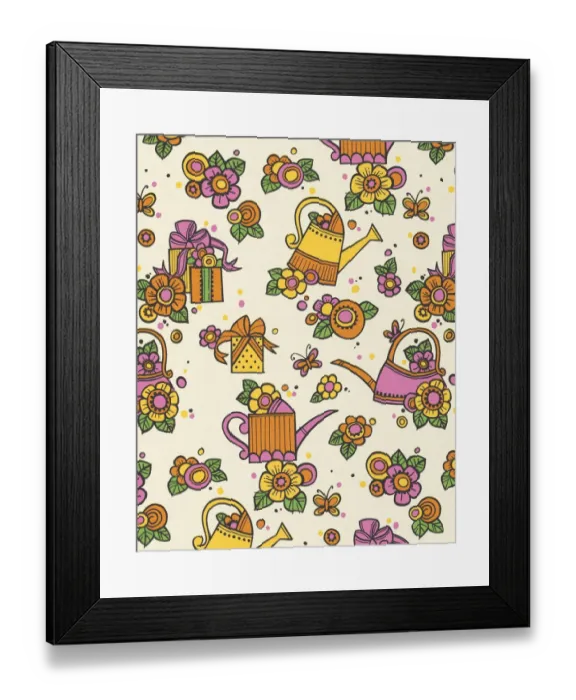 Framed Print : Watering Can and Flower Pattern Framed Print : Watering Can and Flower Pattern