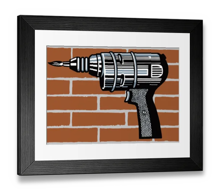 Framed Print : Electric Drill in Front of Brick Wall Framed Print : Electric Drill in Front of Brick Wall