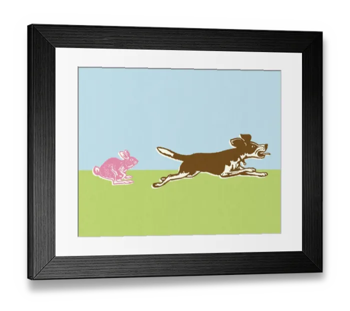 Framed Print : Pink Bunny Chasing Dog Framed Print : Pink Bunny Chasing Dog