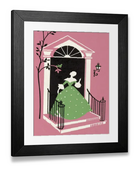 Framed Print : Woman in Green Victorian Dress at Door Framed Print : Woman in Green Victorian Dress at Door