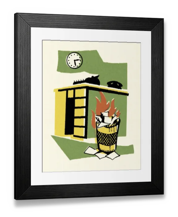 Framed Print : Trash Can on Fire by Desk Framed Print : Trash Can on Fire by Desk