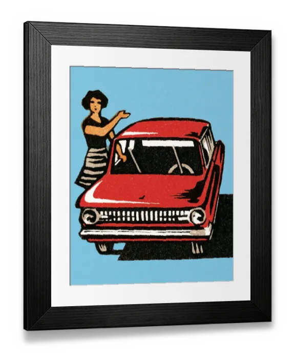 Framed Print : Woman showing red car Framed Print : Woman showing red car
