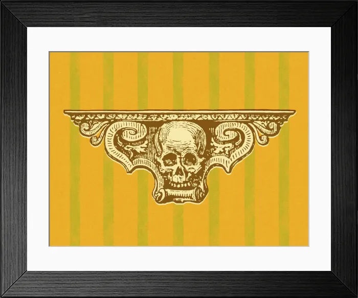 Framed Print : Skull Shelf on Orange and Green Striped Wall Framed Print : Skull Shelf on Orange and Green Striped Wall