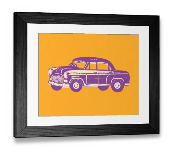 Framed Print : Purple Car on an Orange Background