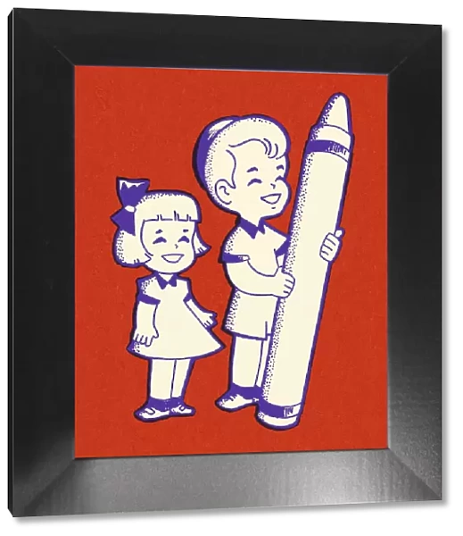 Girl and Boy with a Large Crayon