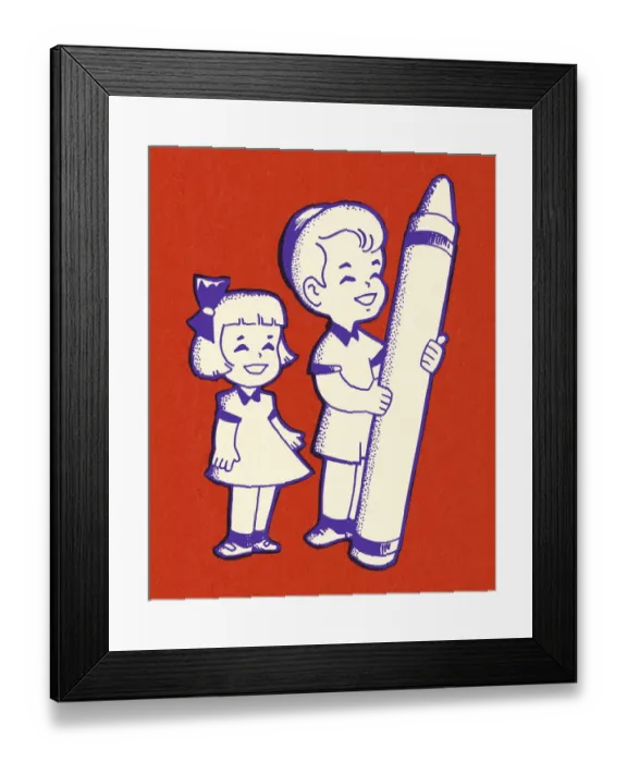 Framed Print : Girl and Boy with a Large Crayon Framed Print : Girl and Boy with a Large Crayon
