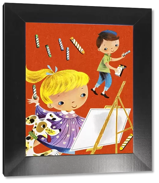 Boy and Girl Coloring With Crayons