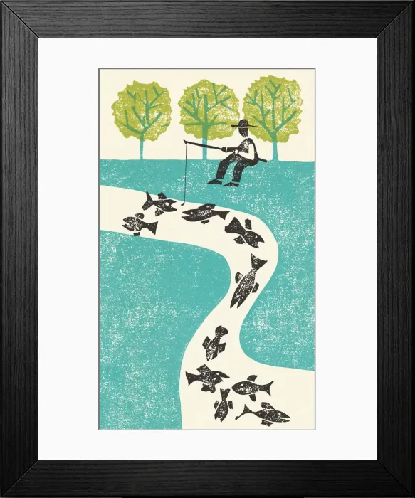 Framed Print : Fisherman and Many Fish in the River Framed Print : Fisherman and Many Fish in the River