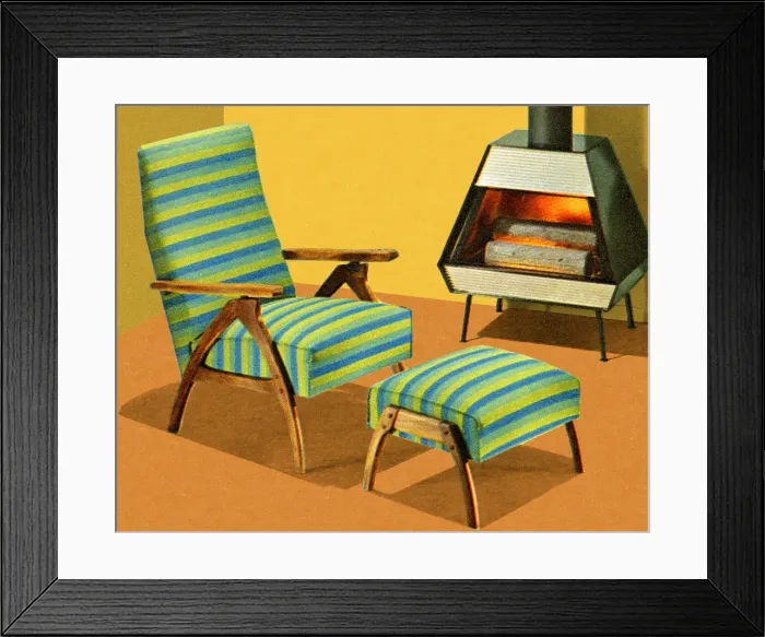 Framed Print : Chair Ottoman and Fireplace