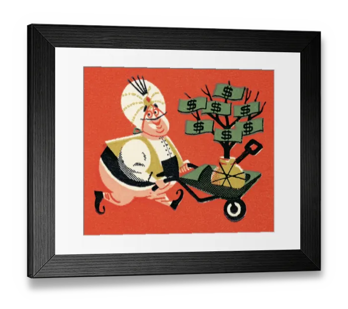Framed Print : Genie granting wishes of money Framed Print : Genie granting wishes of money