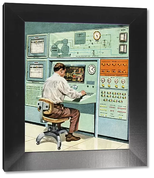 Colored art of a man seated at an old fashioned computer