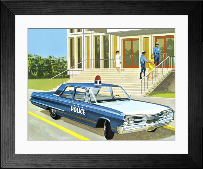 Framed Print : Police Car Parking in Front of a Building Framed Print : Police Car Parking in Front of a Building