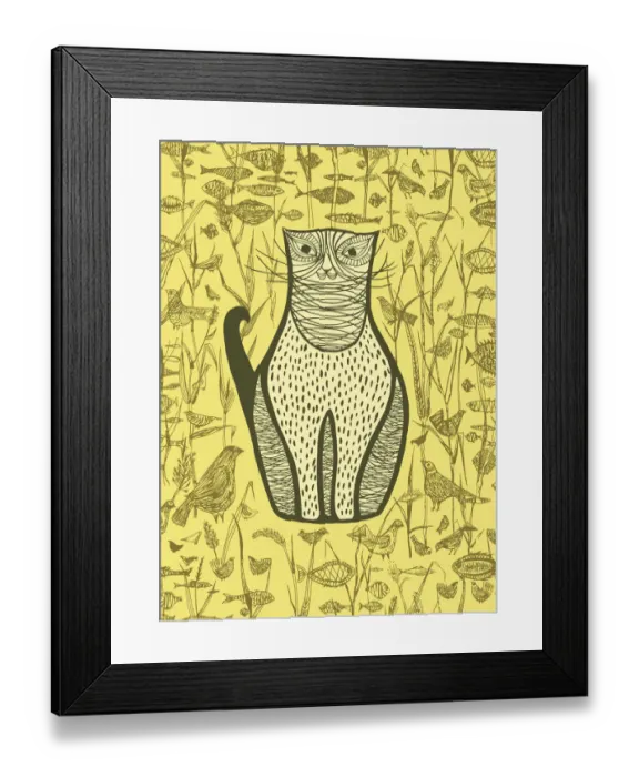 Framed Print : Brown Cat; Fish; Birds Framed Print : Brown Cat; Fish; Birds