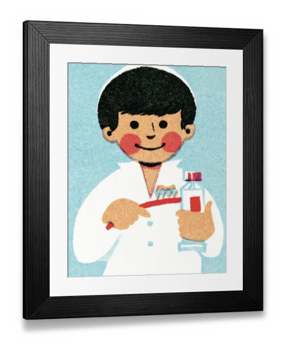 Framed Print : Boy in pajamas brushing teeth Framed Print : Boy in pajamas brushing teeth