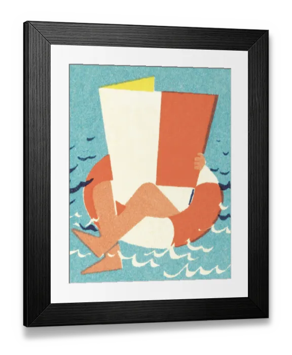 Framed Print : Man in inner tube with newspaper Framed Print : Man in inner tube with newspaper