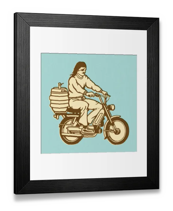 Framed Print : Man Riding Moped With Keg on the Back Framed Print : Man Riding Moped With Keg on the Back