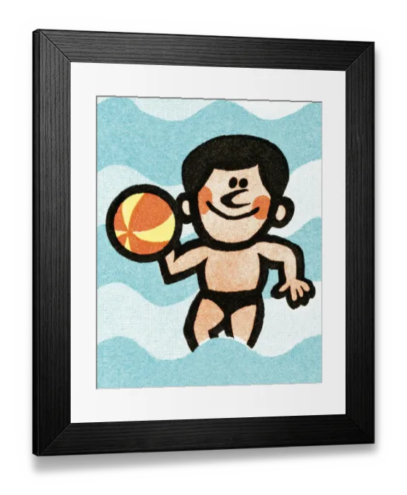 Framed Print : Man in swim trunks with ball Framed Print : Man in swim trunks with ball