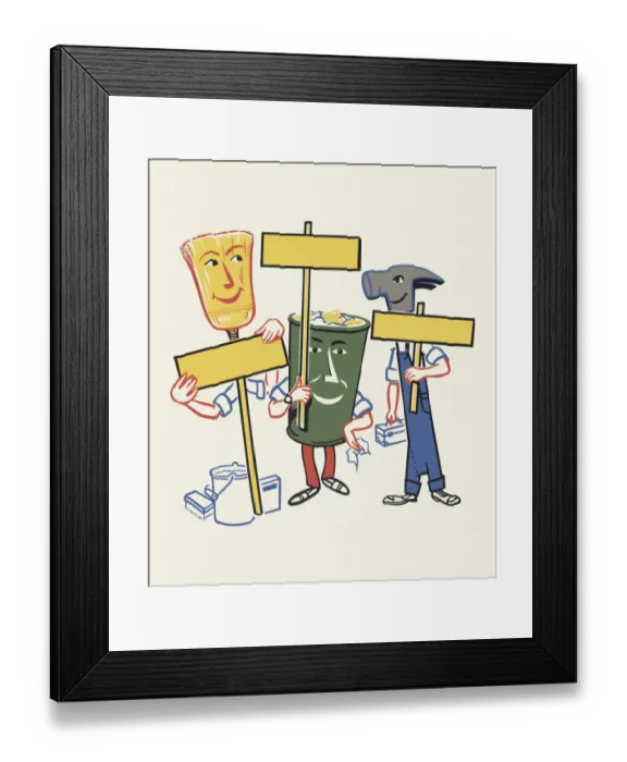 Framed Print : Character Workers with Signs Framed Print : Character Workers with Signs