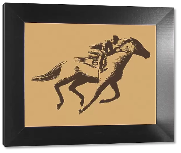 Racehorse and jockey illustration on beige background