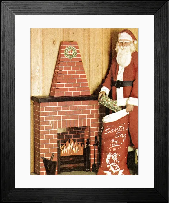 Framed Print : Santa with Gifts Outside a Paper Chimney Framed Print : Santa with Gifts Outside a Paper Chimney