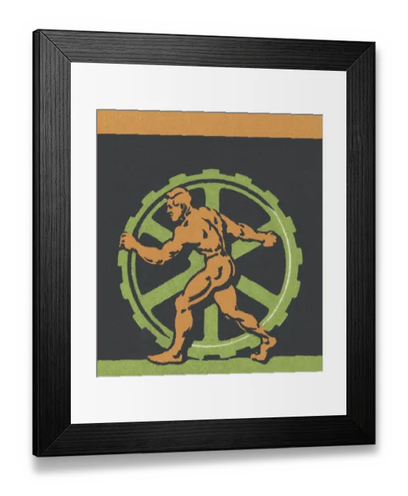 Framed Print : Muscular Man Turning a Large Gear Framed Print : Muscular Man Turning a Large Gear