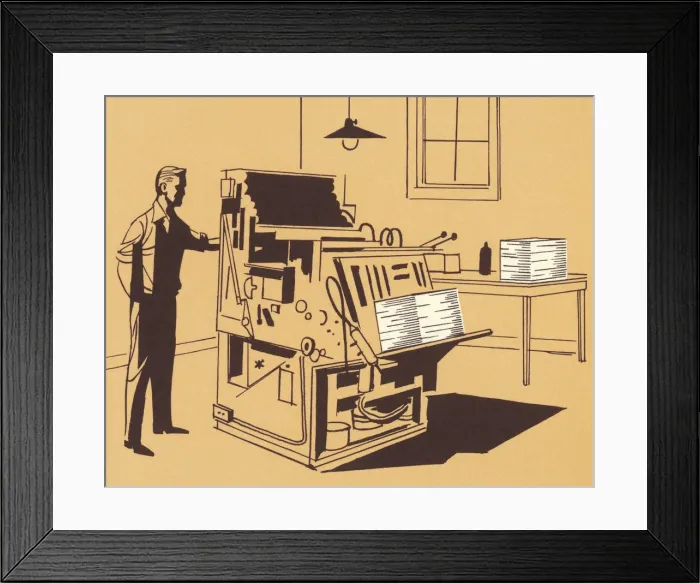 Framed Print : Man and Printing Press Framed Print : Man and Printing Press
