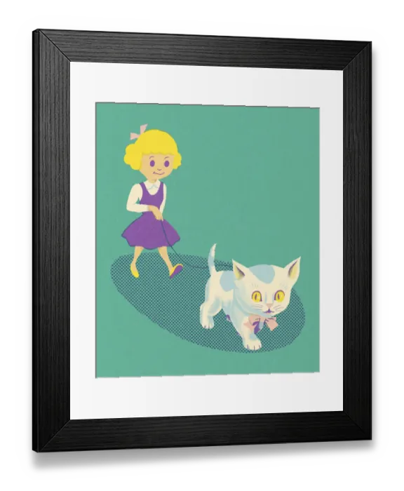 Framed Print : Girl Walking a Kitten on a Leash Framed Print : Girl Walking a Kitten on a Leash