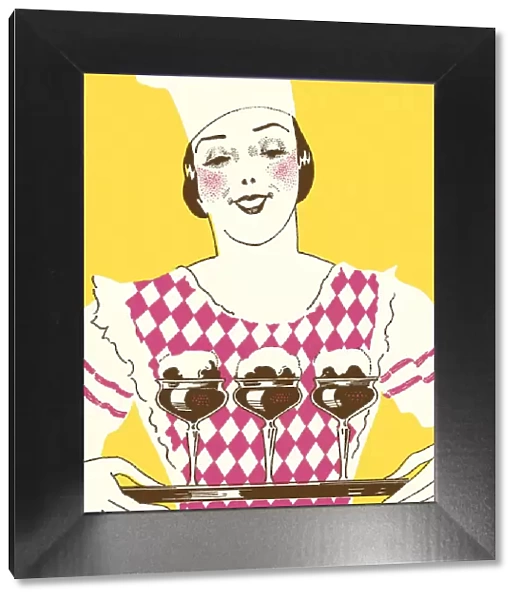 Woman Holding Three Desserts on a Tray