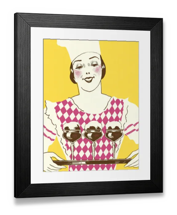 Framed Print : Woman Holding Three Desserts on a Tray Framed Print : Woman Holding Three Desserts on a Tray