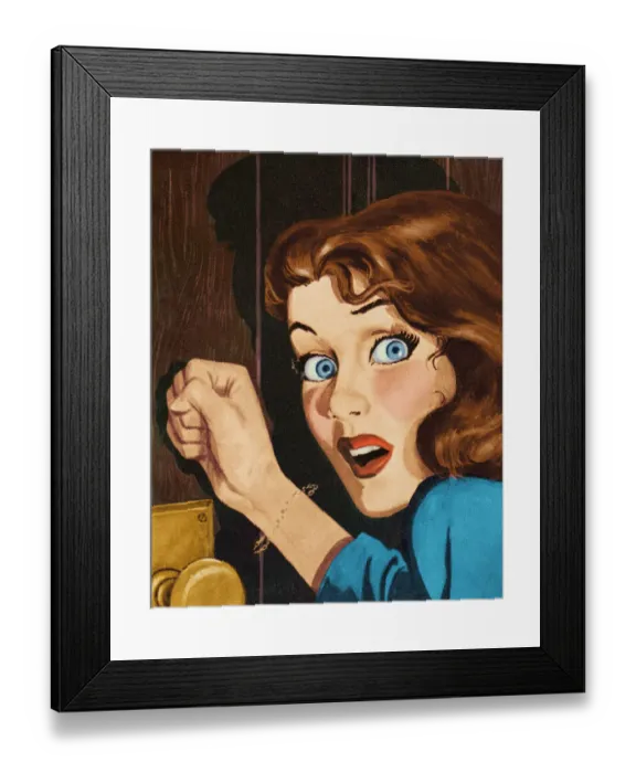 Framed Print : Frightened Woman Knocking on Door Framed Print : Frightened Woman Knocking on Door