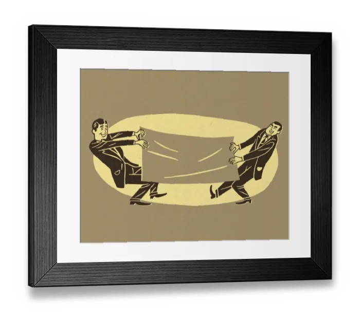 Framed Print : Two Men Pulling on Large Piece of Paper Framed Print : Two Men Pulling on Large Piece of Paper