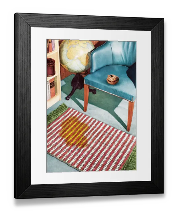 Framed Print : Stained rug in front blue chair Framed Print : Stained rug in front blue chair